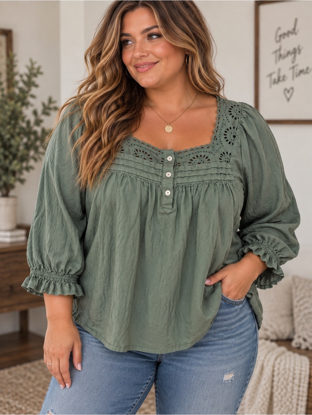 LC Lauren Conrad Olive Green Eyelet Peasant Cottagecore 3/4 length sleeve Blouse